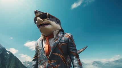 A toy shark wearing a suit and sunglasses. Generative AI image.