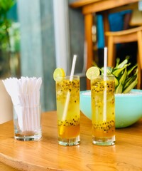 Hotel area drinks in low table with plant background 