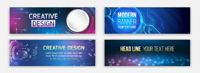 High-tech computers concept. Futuristic banner template set. Modern hi-tech design for websites and social networks. Technology, medicine, science, engineering, artificial intelligence.