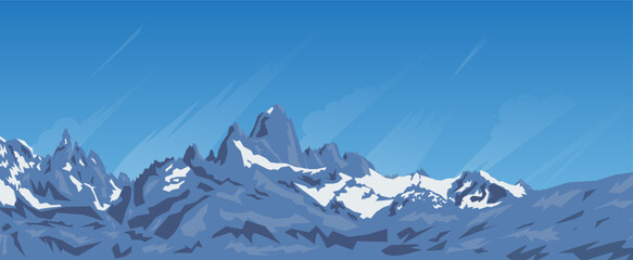 Background of snow mountains and blue sky. Flat vector illustration.