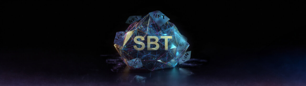 Soul-bound-token SBT technology symbolized by octahedron connected to collected NFT. Soulbound wallet with space for text.