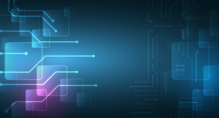 Obraz premium Hi-tech vector illustration with various technology elements. Abstract global sci-fi concept. Digital internet communication on blue background. Wide Cyber security internet and networking concept.
