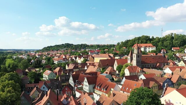 Drone video, aerial view of Feuchtwangen with a view of the historic centre of the old town. Feuchtwangen, Franconia, Bavaria, Germany, Europe