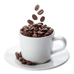 White cup with roasted coffee beans, cut out