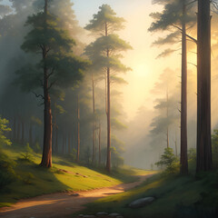 Beautiful sunlight in Dry evergreen forest. Beautiful forest scenery with sunlight filtering through the foliage. Fresh nature landscape. painting of sunny forest. landscape painting with trees, 