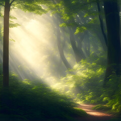 Obraz premium Beautiful sunlight in the forest. Beautiful forest scenery with sunlight filtering through the foliage. Fresh nature landscape. painting of sunny forest. landscape painting with trees, trunk,