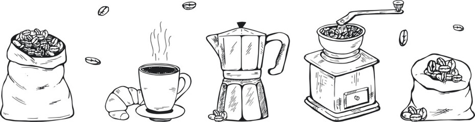 coffee, coffee grinder, mug, coffee pouch vector sketch collection