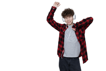 PNG,happy teenager in headphones, place for text,isolated on white background