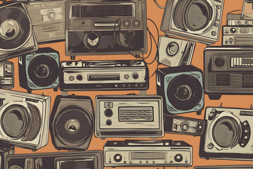 boomboxes seamless background with a funky hipster feel ai generated art