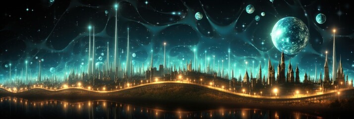 Fototapeta na wymiar A digital painting of a futuristic city at night. Generative AI image.