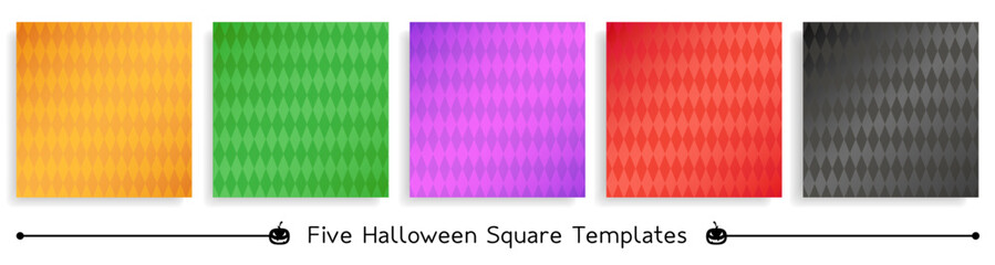 Five Halloween square templates, single rhombus patterns in traditional Halloween colors, group of vector square backgrounds.
