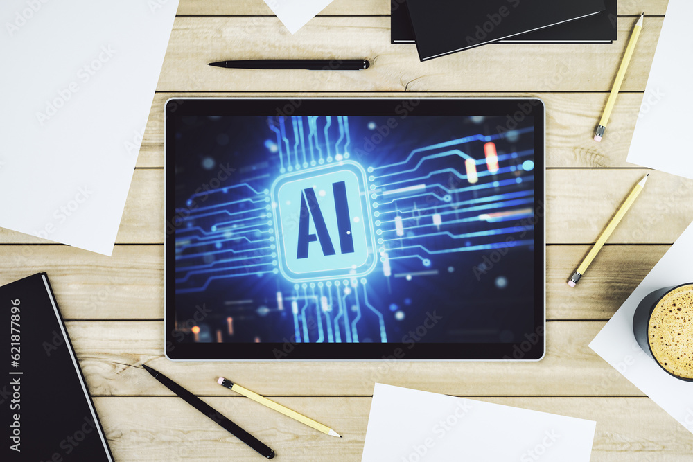 Leinwandbilder top view of modern digital tablet monitor with creative artificial intelligence icon. neural network