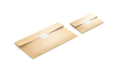 Blank craft rectangle paper bag with white sticker mockup, isolated