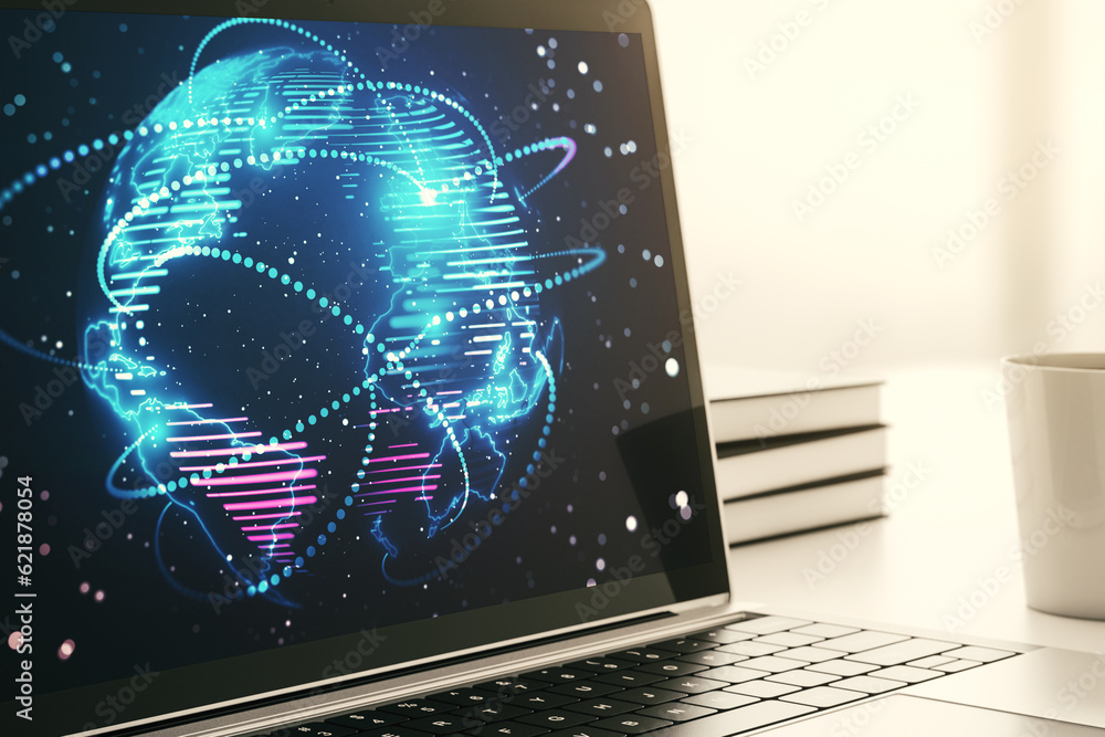 Aufkleber Computer monitor with abstract graphic digital world map with connections, globalization concept. 3D Rendering