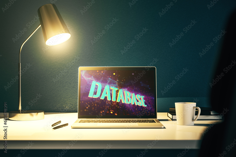 Leinwandbilder Modern computer screen with Database word sign, global research and analytics concept. 3D Rendering