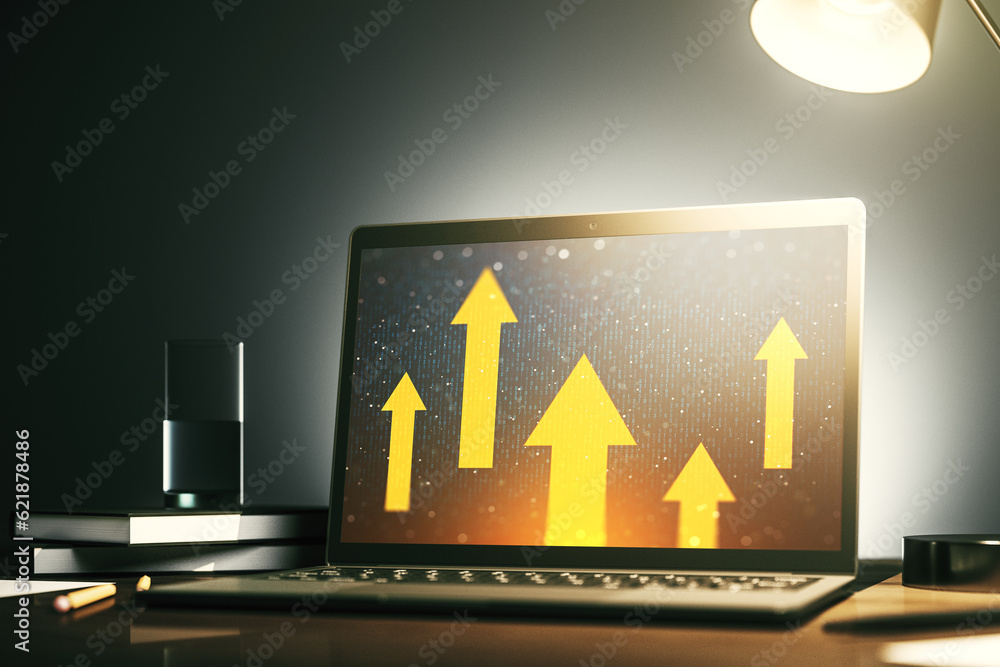 Poster modern computer monitor with creative abstract upward arrows hologram. ambition and challenge concep