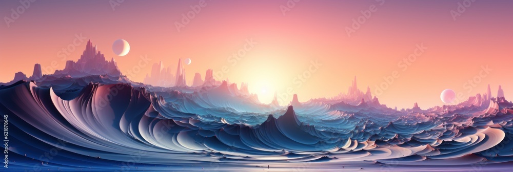 Poster a very large wave in the ocean with a sunset in the background. generative ai image.