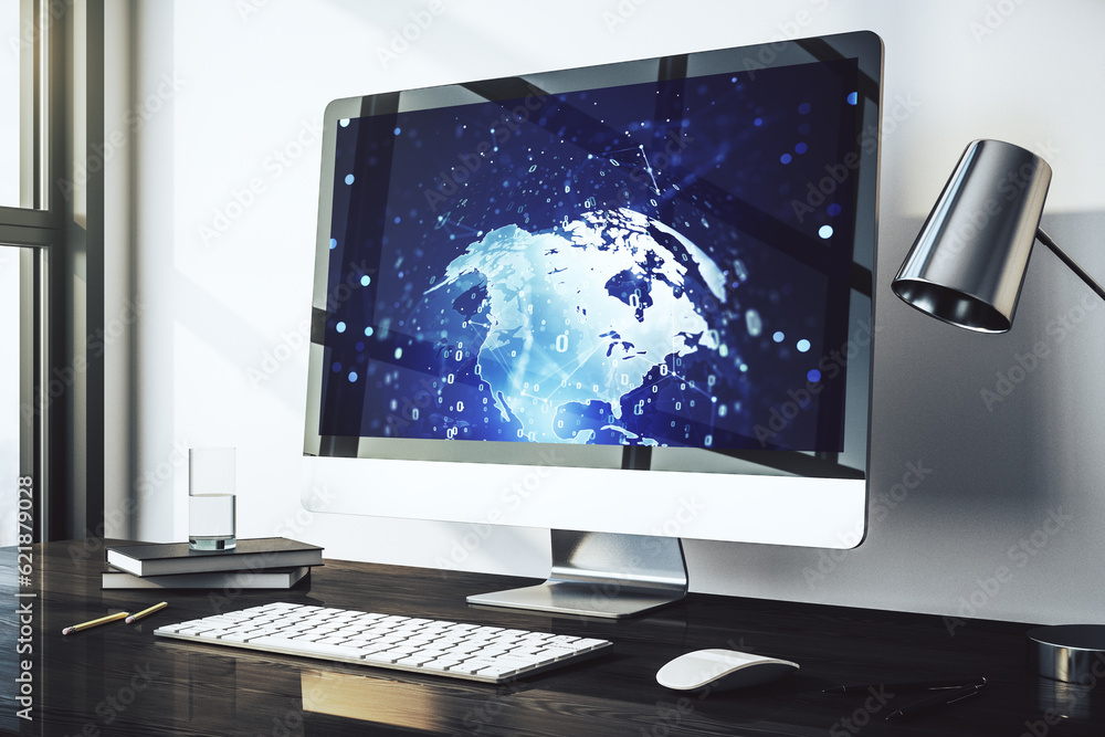Poster modern computer display with abstract software development hologram and world map, global research a