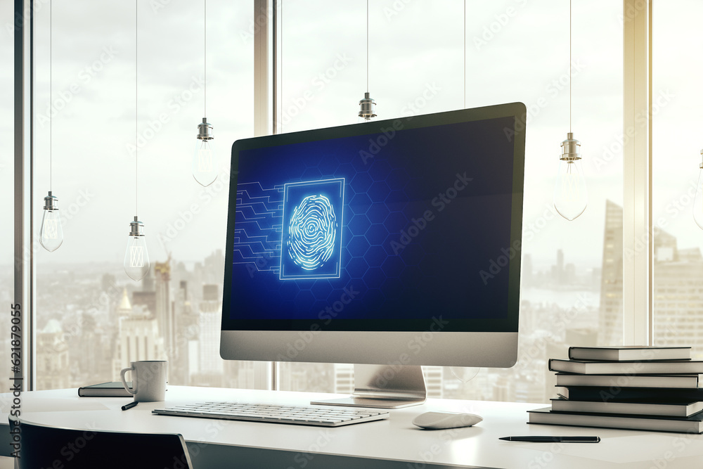 Fototapete Modern computer display with abstract graphic fingerprint sketch, fingerprint scan data concept. 3D Rendering