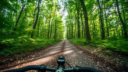 Fototapeta na wymiar Biking along the forest paths. Biking through wild forests.Ai Generative