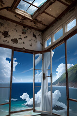 Cloudy sky with window and ocean view behind