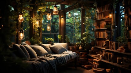  Reading Haven Enchanting Bedroom with Fairy Lights, Sheer Curtains, and Cozy Book Nooks