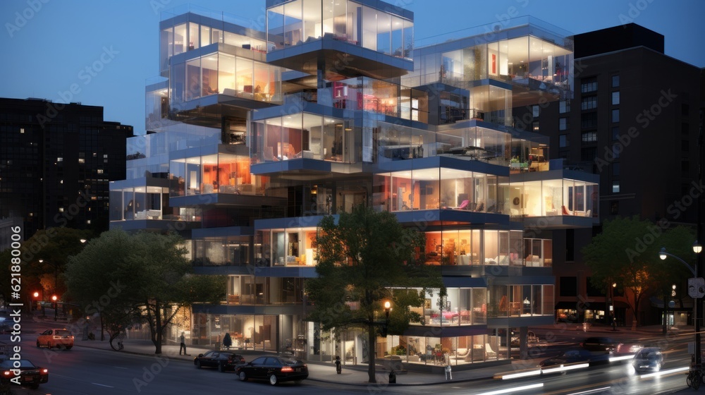 Poster a tall building with a lot of windows on top of it. generative ai image.