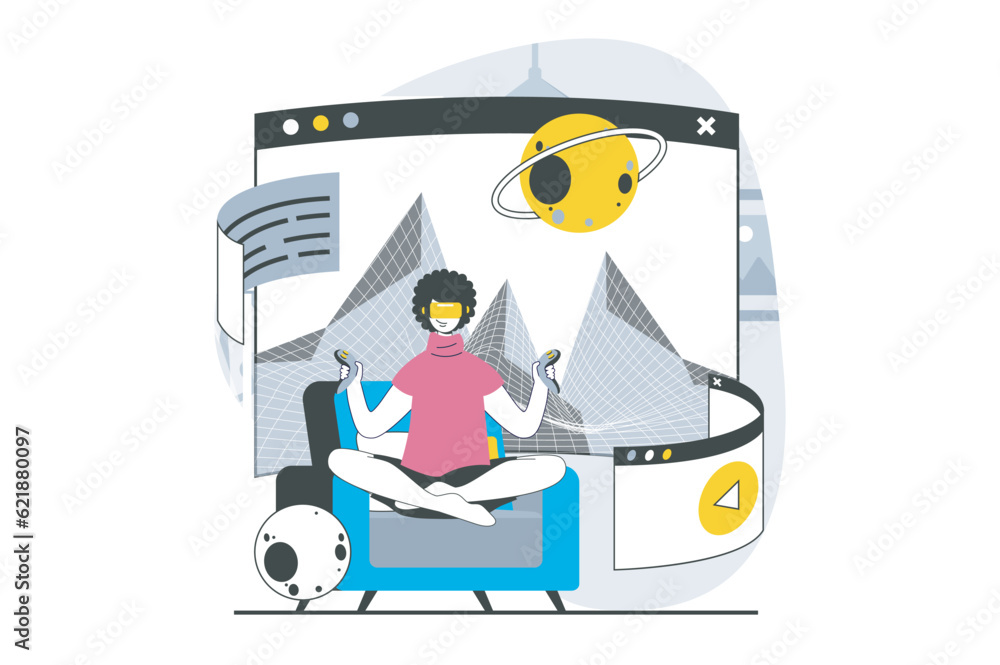 Leinwandbilder virtual reality concept with people scene in flat design for web. man in vr headset exploring and le