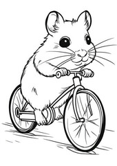 Coloring book for kids, cute hamster ride a bike, mouse on bicycle. Contour coloring page funny animals on white background, vertical orientation. Generative AI.