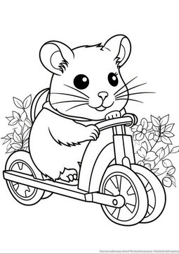 Coloring book for kids, cute hamster ride a bike, mouse on bicycle. Contour coloring page funny animals on white background, vertical orientation. Generative AI.