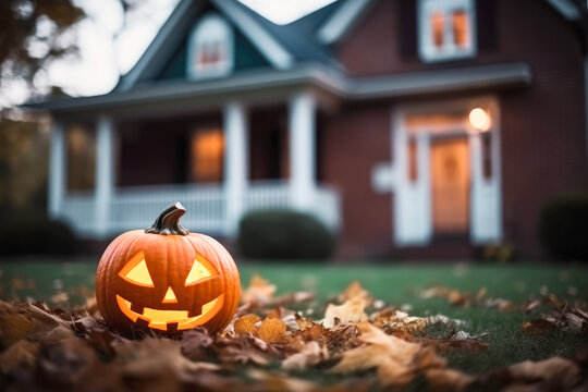 Jack O Lantern against a house. Halloween concept. Generative AI. 