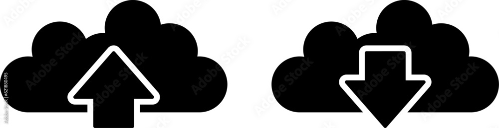Poster cloud internet data upload and download with up and down arrow black flat icon set. vector image.