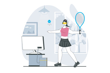 Virtual reality concept with people scene in flat design for web. Woman in VR headset playing tennis and training for cyber sports. Vector illustration for social media banner, marketing material.
