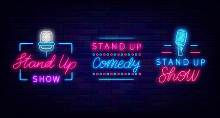 Stand up comedy neon signboards collection. Frame with microphone. Comic night show. Vector stock illustration