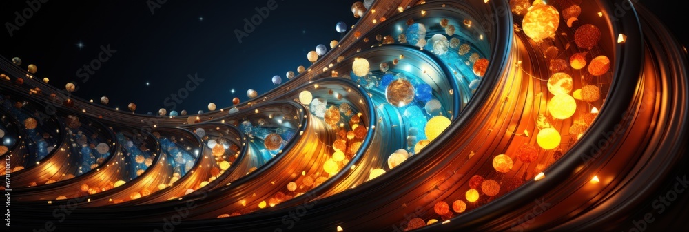 Poster a large wave of lights in a dark room. generative ai image.