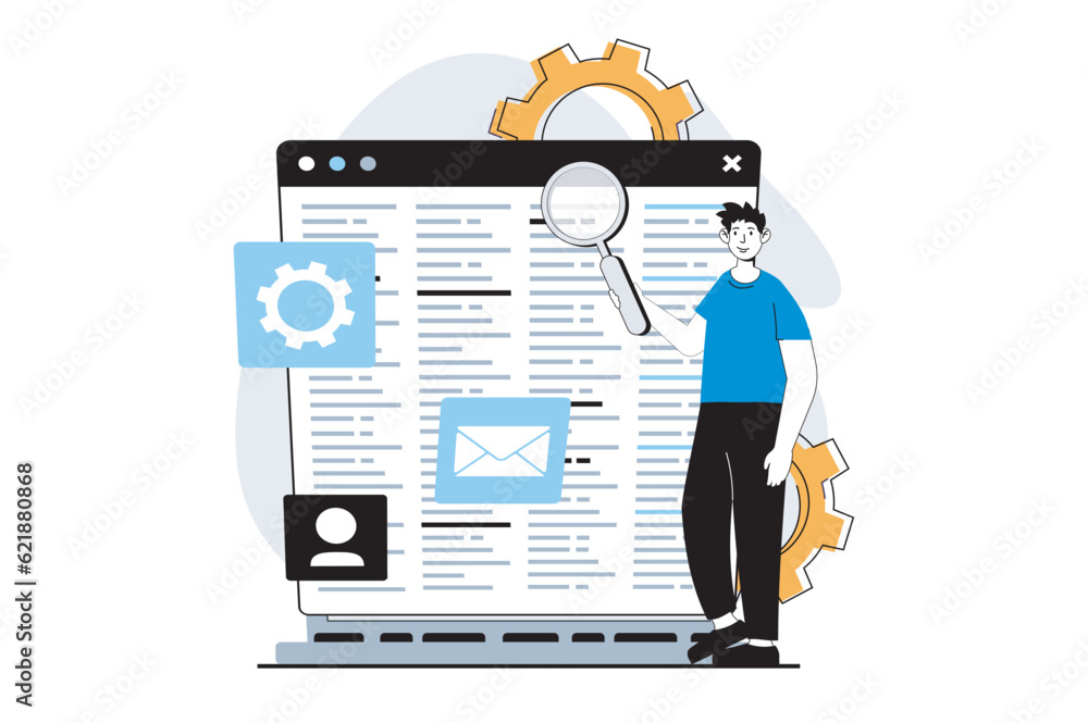 Aufkleber web development concept with people scene in flat design. man searching, settings and fixing bugs in