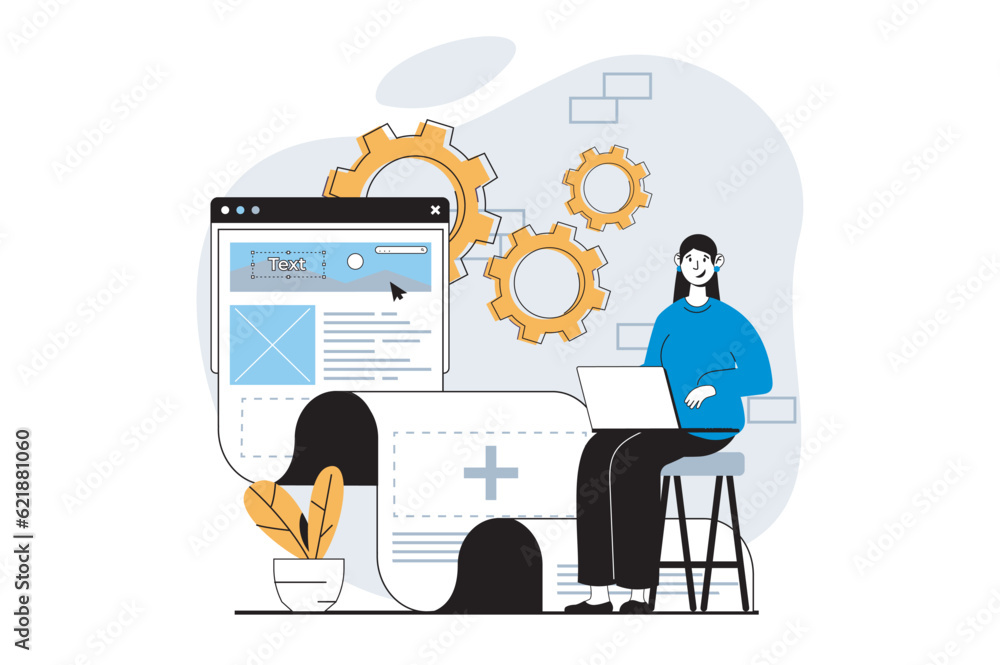 Leinwandbilder web development concept with people scene in flat design. woman creating site layout, editing and fi