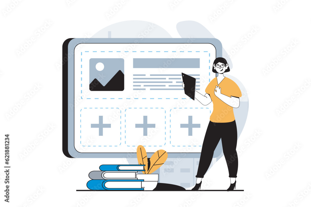 Leinwandbilder web development concept with people scene in flat design. woman creating webpage mockup and placing 
