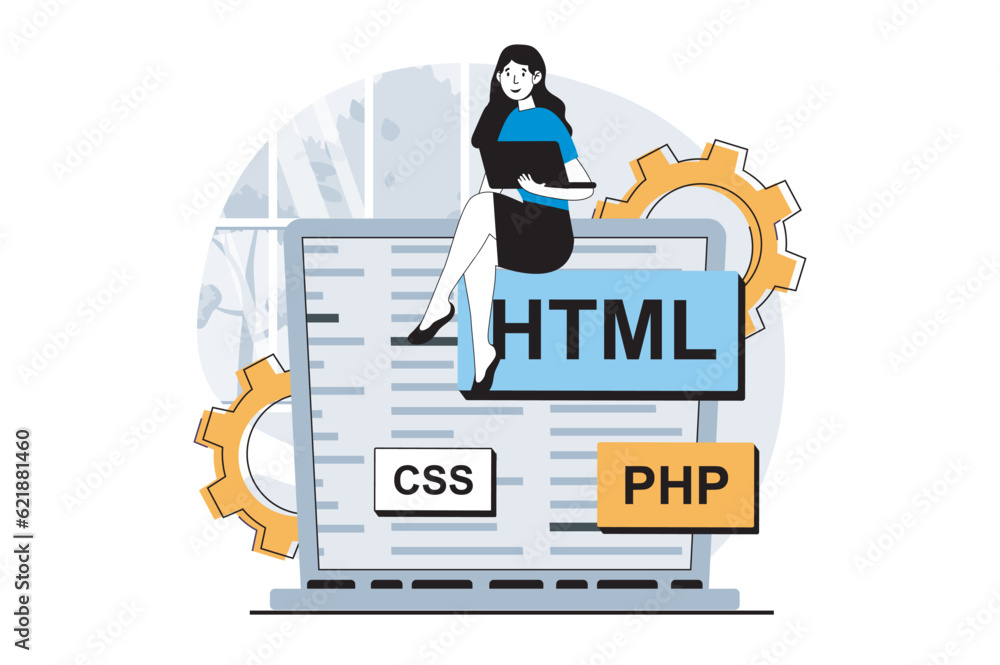 Leinwandbilder web development concept with people scene in flat design. woman programming code for site, settings,