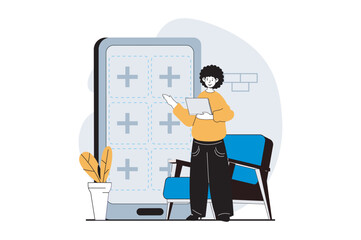 Web development concept with people scene in flat design. Man creating layout with empty blocks of mobile application interface. Vector illustration for social media banner, marketing material.