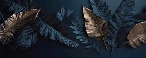 Luxury dark blue textured 3D banner background frame with golden and blue tropical leaves. Ai generative.