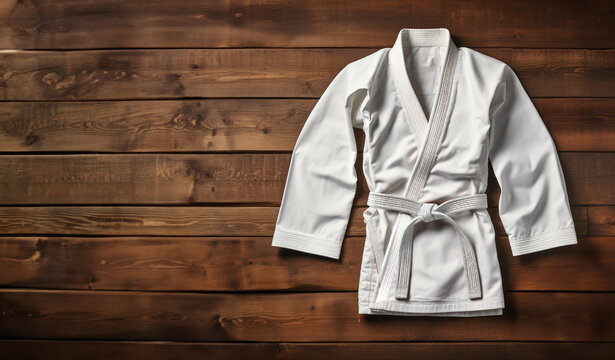 White Belt Warriors: Kimono with White Belt on wood Background with Space for Text. Martial Arts Discipline Concept AI Generative	
