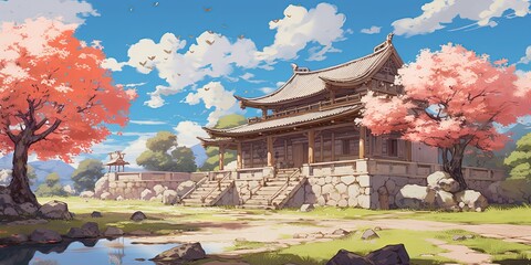 anime artwork illustration beautiful ryokan traditional Japanese inn collection set, Generative Ai
