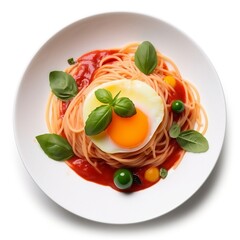 Delicious spaghetti dish with tomato sauce and egg generative ai