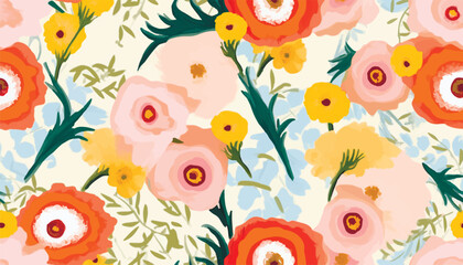 Cute bright artistic flowers print. Modern cartoon style botanical pattern. Fashionable template for design.