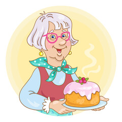 Cute grandmother in glasses with a beautiful cake in her hands. Avatar icon in cartoon style. Isolated on white background. Vector illustration.