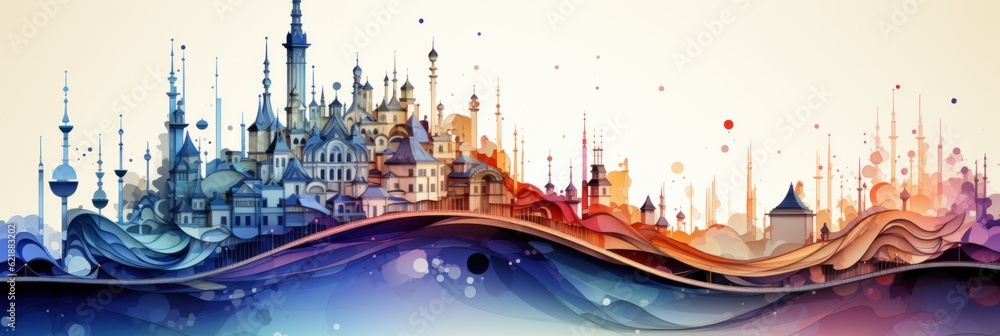 Poster a castle with many spires in the background. generative ai image.