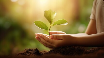 Eco Earth Day-inspired composition of nurturing hands of a child holding a young plant