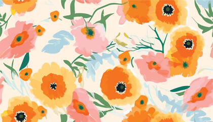 Cute bright artistic flowers print. Modern cartoon style botanical pattern. Fashionable template for design.