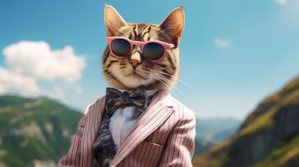 Fototapeta A cat wearing sunglasses and a suit with a tie. Generative AI image. obraz